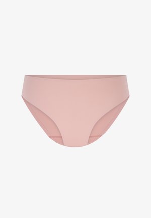 Hellrosa Bikini-Brief aus glattem, dehnbarem Stoff. Er verfügt über einen mittelhohen Bund und nahtlose Seiten für ein sauberes Design. Keine sichtbaren Abschlüsse.