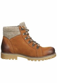 Botte de randonnée en cuir couleur fauve avec col rembourré beige, œillets métalliques, lacets à motif et semelle épaisse en caoutchouc antidérapante.