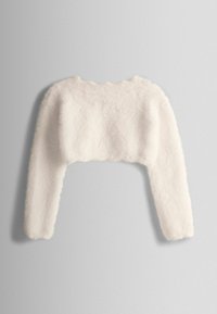 Witte cropped trui met een fuzzy textuur, met lange, rechte mouwen en een gegolfde halslijn. Zachte stof geeft een gezellige uitstraling.