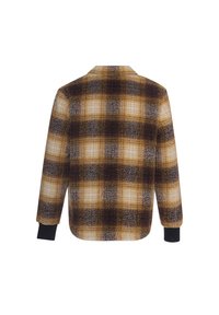 Brun og gulternet jakke med flannel tekstur, lange ærmer, sorte manchetter og skræddersyet krave. Vist fra ryggen.