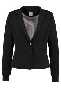 Svart figurnära kavaj för kvinnor med en enkel knappstängning, inskurna slag, ribbade ärmslut och ljusgrå randig innerfoder.