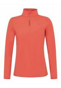 Koraalkleurige lange mouwen pullover met hoge kraag en half-zip sluiting. Gemaakt van gladde, rekbare stof met een subtiel logo detail.