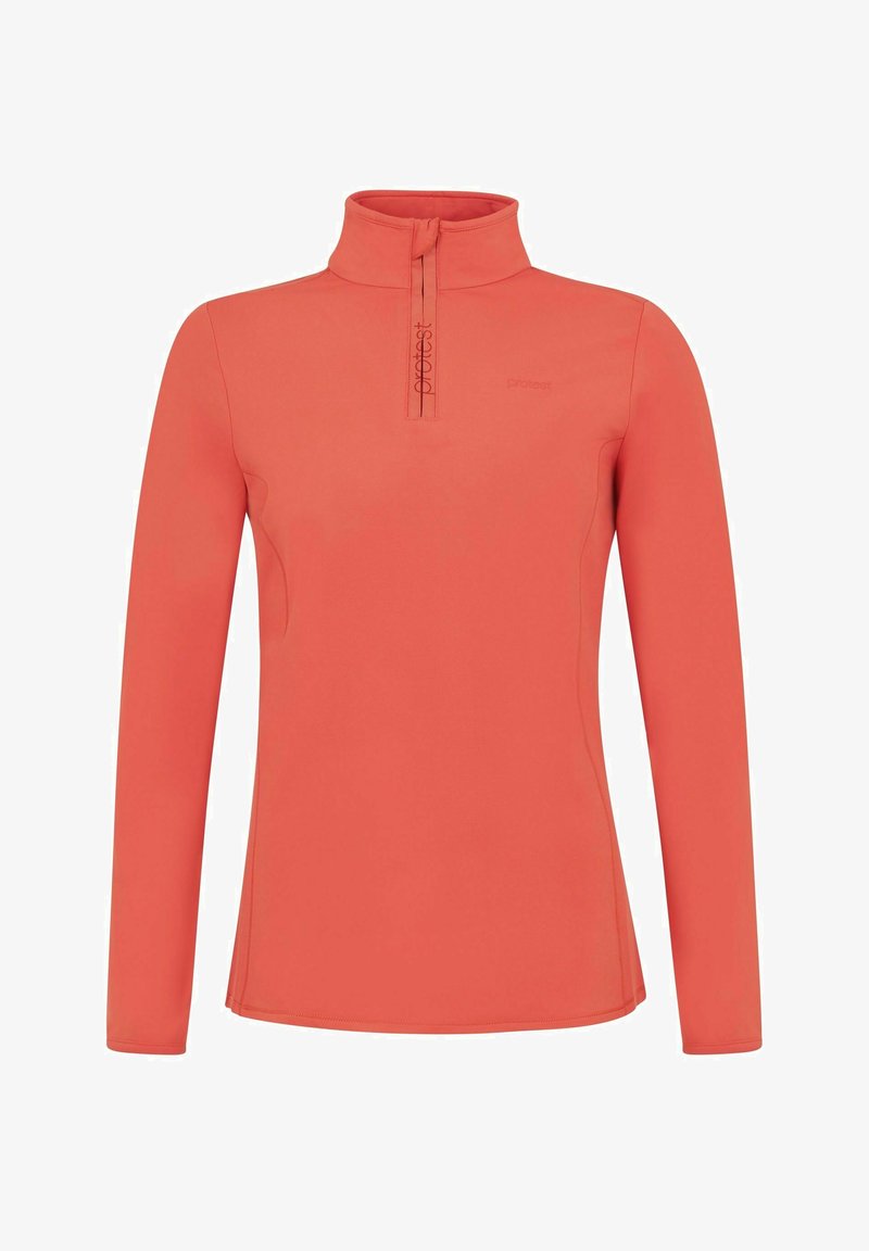 Korallenfarbener Pullover mit langen Ärmeln, hohem Kragen und halbem Reißverschluss. Hergestellt aus glattem, elastischem Stoff mit einem dezenten Logo-Detail.