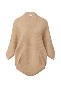 Beżowy sweter z dzianiny o otwartym przodzie, szerokich rękawach i teksturowanym wzorze. Dół ma zaokrąglony kształt, co podkreśla jego zwiewną sylwetkę.