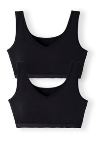 Zwart katoenen bralette set met een V-hals ontwerp, voorzien van brede bandjes en een naadloze uitstraling. Zachte, rekbare stof met een gladde textuur.