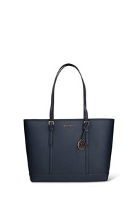 Donkerblauwe totebag gemaakt van gestructureerd synthetisch materiaal. Heeft een strak ontwerp, dubbele handvatten, hardware in goudkleur en een logo bedel.