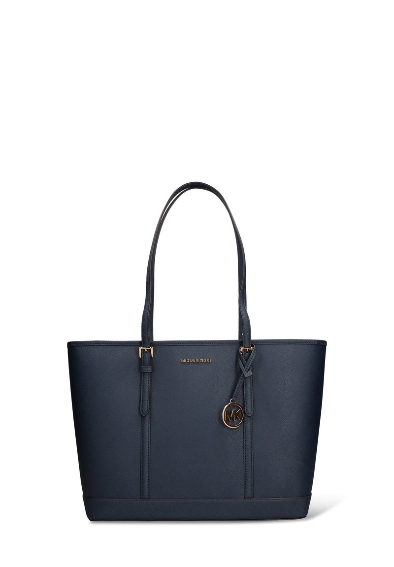 Donkerblauwe totebag gemaakt van gestructureerd synthetisch materiaal. Heeft een strak ontwerp, dubbele handvatten, hardware in goudkleur en een logo bedel.