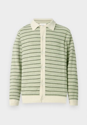 Green and cream striped cardigan with a collared neck, buttoned front, and ribbed cuffs. Textured knit material with alternating patterns.