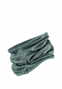 Stretchy, dark green neck gaiter made of soft fabric with a smooth texture and folded design. Features a small logo tag on one side.