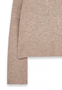 Beige knitted sweater featuring a textured finish, ribbed cuffs, and a relaxed silhouette with a slightly cropped hem.