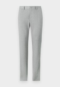 Pantalones grises de tela con un sutil patrón de rayas verticales, con cierre de botón y un diseño de pierna recta.