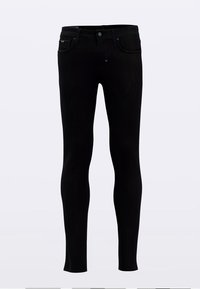 Sorte skinny jeans med en glat tekstur, der har et klassisk design med fem lommer, knaplukning foran og diskret branding på linningen.