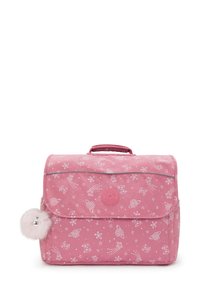 Borsa rettangolare rosa con motivi di stelle e pois bianchi, manico superiore, pattina frontale e un soffice portachiavi a pom-pom attaccato di lato.