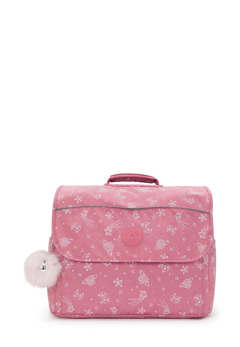 Borsa rettangolare rosa con motivi di stelle e pois bianchi, manico superiore, pattina frontale e un soffice portachiavi a pom-pom attaccato di lato.
