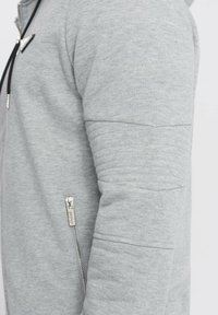 Grauer Reißverschluss-Hoodie mit gerippten Ärmel-Details, strukturiertem Stoff und silbernen Reißverschlusspflege an der Seitentasche.