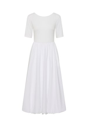 Weißes Midikleid mit halblangen Ärmeln, tailliertem Oberteil, rundem Ausschnitt und gesammeltem, fließendem Rock.