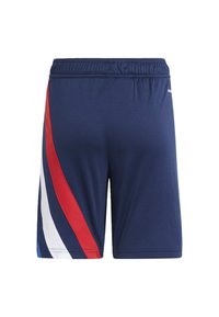 Shorts de sport bleu marine avec une ceinture élastique. Présente des rayures diagonales rouges, blanches et bleues. Texture lisse et design ajusté.