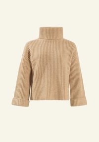 Beiger, gestrickter Rollkragenpullover mit strukturiertem, geripptem Design. Mit Dreiviertelärmeln und kurzem Schnitt. Weiches, dickes Material.