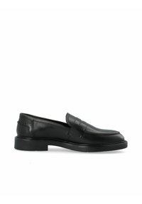 Zwarteleren loafers met een gladde afwerking, voorzien van een gestikt ontwerp aan de voorkant, een lage hak en een ronde neus.