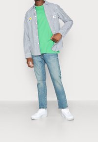 Camicia a righe blu e bianca sopra una maglietta verde, abbinata a jeans azzurri chiari e sneakers bianche. Stile di abbigliamento casual.