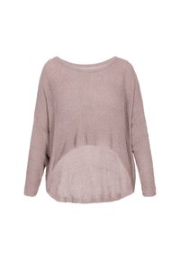 Pulover lejer, de culoare mauve deschis, realizat dintr-un material tricotat texturat. Prezintă un decolteu larg, umeri lăsați și o linie a tivului curbată.