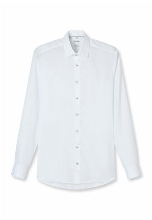 White long-sleeve button-up dress shirt with classic collar and buttoned cuffs, displayed flat on a white background.