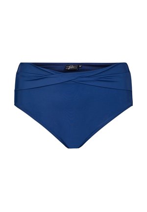 Tyrkysové bikiny s vysokým pasem, hladkou texturou a nařaseným designem v pase, nabízející decentní, plné pokrytí.
