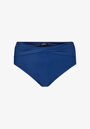 Kõrge vöökohaga tumesinised bikiinipüksid, millel on sile tekstuur ja volditud disain vööl, pakkudes tagasihoidlikku, täielikku katvust.