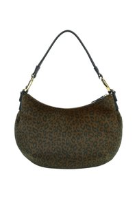 Borsa a stampa leopardata realizzata in tessuto strutturato. Forma arrotondata, con tracolla in pelle nera e dettagli in metallo dorato. Chiusura con cerniera.