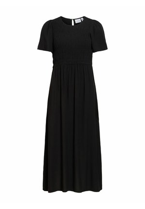 Robe midi noire avec manches courtes bouffantes, corsage smocké, encolure ronde et jupe fluide.