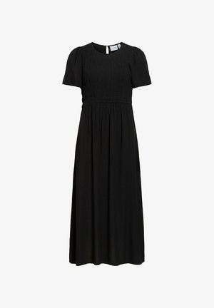 Zwarte midijurk met korte pofmouwen, geplooide top, ronde halslijn en vloeiende rok.