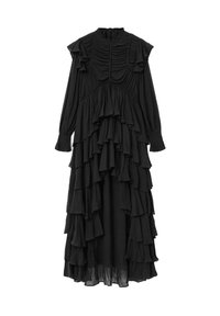 Schwarzes Kleid mit langen Ärmeln, hohem Ausschnitt, Rüschenakzenten und geschichteten Volants, die einen strukturierten, kaskadenartigen Effekt erzeugen.