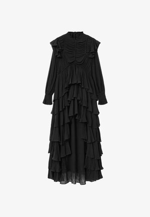 Zwarte jurk met lange mouwen, een hoge halslijn, geruite accenten en gelaagde volant, die een gelaagd en vloeiend effect creëren.