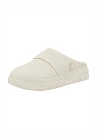 Beige slip-on sko med et textured semsket overdel, bred stropp, og gummisåle med en subtil logo detalj. Glatt overall design.