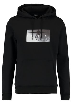 Black hoodie with a front kangaroo pocket, drawstring hood, and a graphic print featuring the word "BALLIN'" and a circular design.