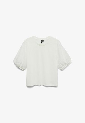 Witte blouse met korte mouwen, pofmouwen met oogjesmotief en een ronde halslijn.