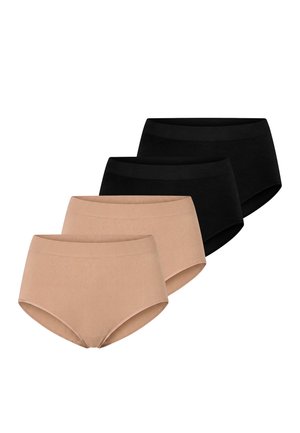 Vier slips met hoge taille in beige en zwart, gerangschikt in twee paar met de beige slips vooraan en de zwarte slips erachter.