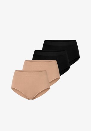 Quatre culottes taille haute en beige et noir, disposées en deux paires avec les culottes beiges devant et les culottes noires derrière.