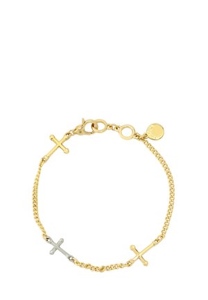Bracciale in oro con due dettagli a croce, uno in oro e uno in argento, dotato di chiusura a moschettone e un piccolo cartellino rotondo. Maglie testurizzate per un tocco di classe in più.