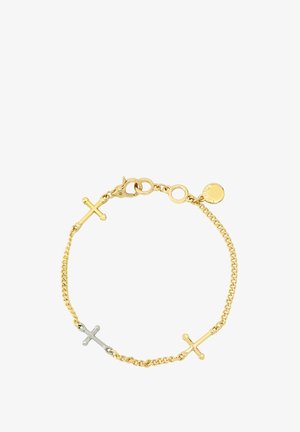 Bracelet en chaîne dorée présentant deux accents en croix, l'un en or et l'autre en argent, avec un fermoir en forme de homard et une petite étiquette ronde. Maillons texturés pour plus de détails.