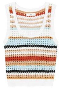 Débardeur rayé en tricot avec un tissage lâche en orange, bleu, marron, blanc et noir, avec un décolleté rond et une coupe sans manches.