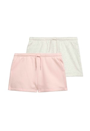 Dos pares de pantalones cortos de algodón con cordones, uno rosa claro por delante y uno gris claro por detrás, ambos con bolsillos laterales.
