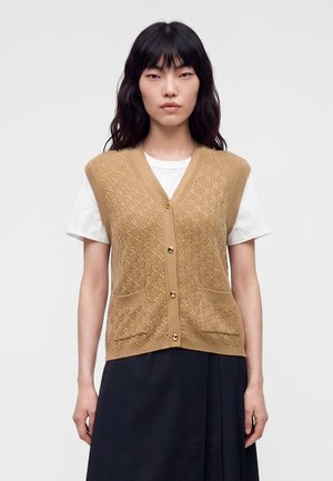 Femme aux longs cheveux noirs portant un cardigan beige tricoté sans manches par-dessus une chemise blanche à manches courtes et une jupe foncée, debout devant un fond uni.