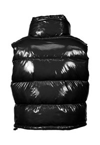 Schwarze Puffer-Weste mit glänzender Oberfläche, hohem Kragen und gesteppten Abschnitten. Verfügt über einen gerafften Saum und ein elegantes, gepolstertes Design.