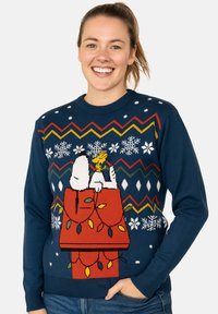 Maglione blu lavorato a maglia con Snoopy e Woodstock, decorato con luci natalizie e fiocchi di neve nei colori rosso, giallo e bianco. Collo rotondo, maniche lunghe.
