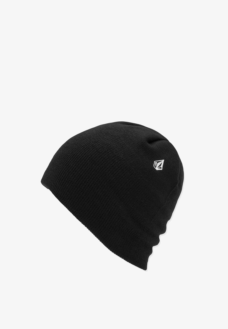 Sort strikket hue med en blød tekstur, rund design og et lille hvidt logo på siden. Letvægts og fleksibel pasform.