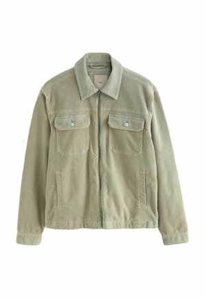 Hellgrüne Cordjacke mit Kragen, Frontreißverschluss, zwei Brustklappentaschen mit Knöpfen und zwei Seitentaschen.