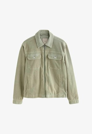 Hellgrüne Cordjacke mit Kragen, Frontreißverschluss, zwei Brustklappentaschen mit Knöpfen und zwei Seitentaschen.