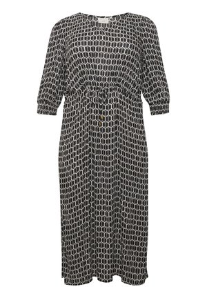Black and white geometric patterned midi dress with 3/4 puff sleeves, cinched waist with drawstring, and round neckline.