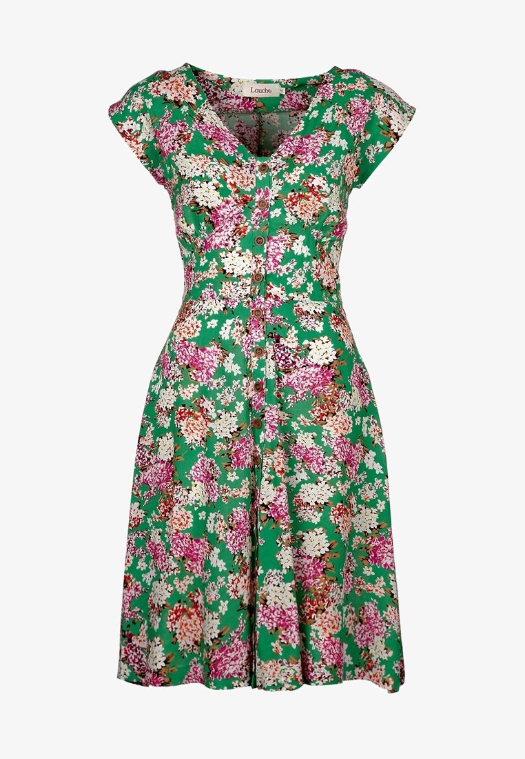 Robe verte à manches courtes avec un motif floral rose, blanc et orange, encolure en V et fermeture à boutons sur le devant de la jupe.